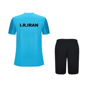ست تیشرت و شورت کشتی رسمی رنگ آبی فیروزه ای | طرح اتحادیه جهانی کشتی (UWW) و همراه اول